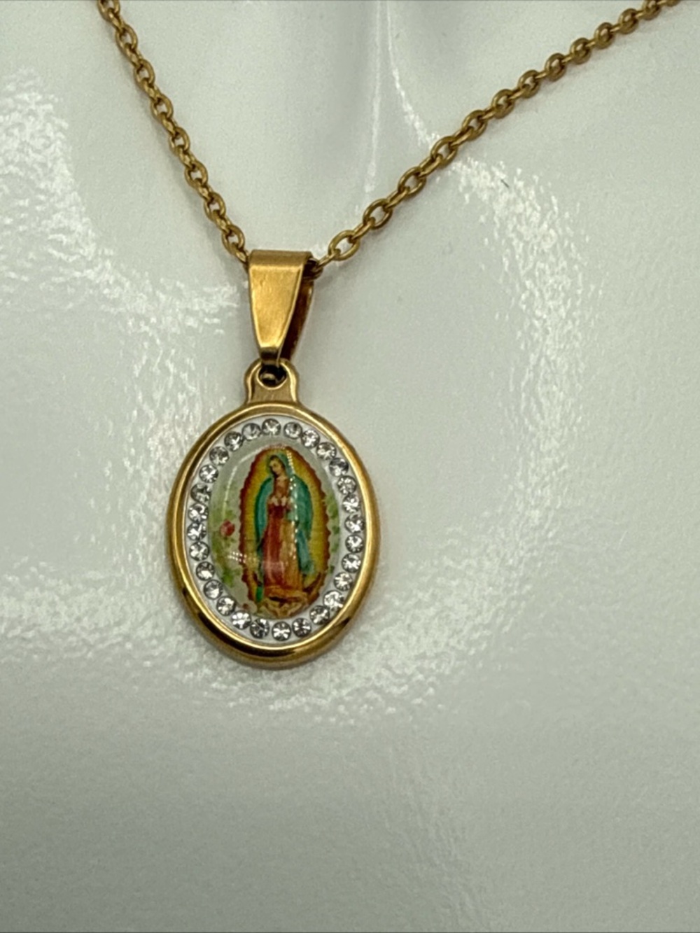 Gold-Tone Our Lady Guadalupe Virgin Mary Pendant Necklace with Rhinestones